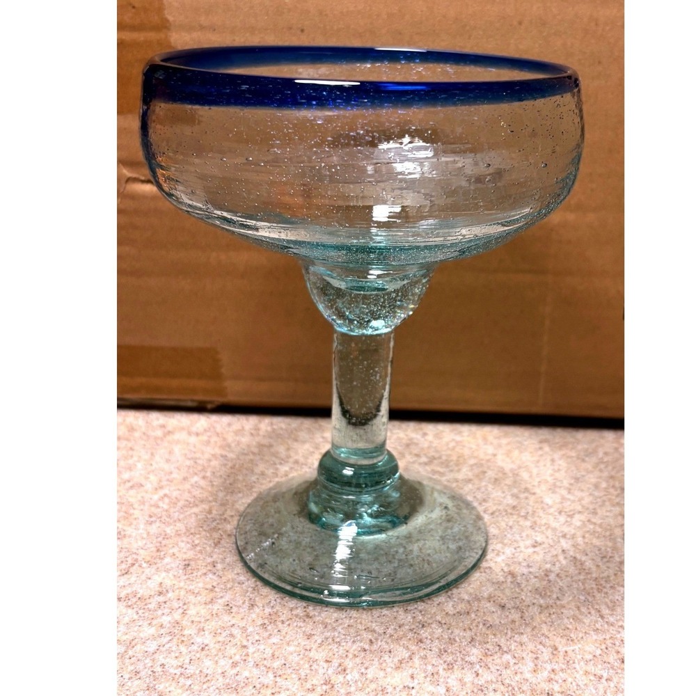 Margarita Glass Clear Blue Good Hand Blown Cobalt Rim